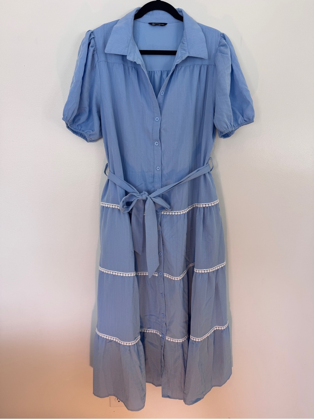 Light Blue Button-Front Midi Dress with Tie Waist and Puff Sleeves